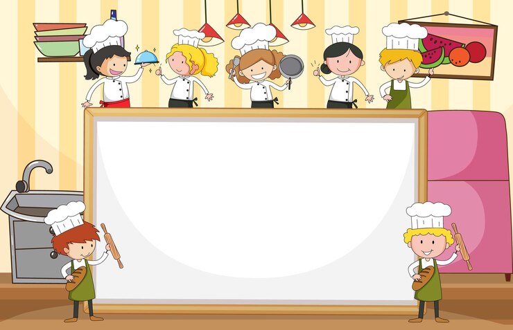 Vetor grátis banner em branco com muitos pequenos chefs na cozinha