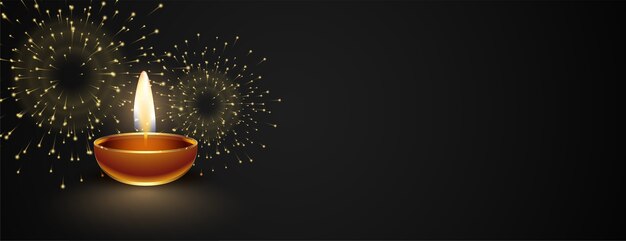 Banner escuro de feliz diwali com diya e fogos de artifício