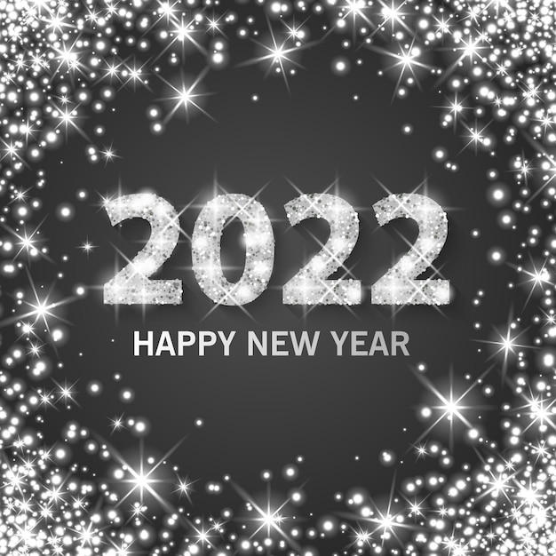 Banner feliz ano novo 2022 com pó de prata, efeito cintilante e brilhante, formato vetorial Vetor Premium