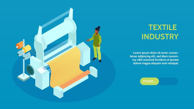 Vetor grátis banner horizontal da indústria têxtil isométrica com texto editável e mais botão com ilustração em vetor de tecelão operado por humanos