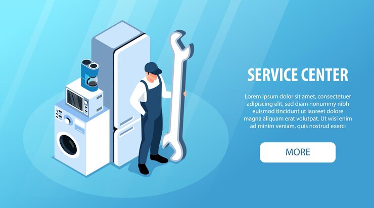 Vetor grátis banner horizontal de aparelhos isométricos com caráter sem rosto de técnico segurando chave inglesa texto eletrônico de consumo e ilustração vetorial de botão
