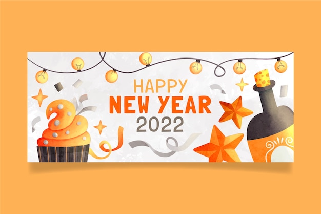 Banner horizontal de feliz ano novo em aquarela de 2022