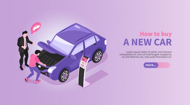 Banner horizontal de isométrica carro showroom com caracteres de gerente e comprador de loja de automóveis com ilustração de carro e texto