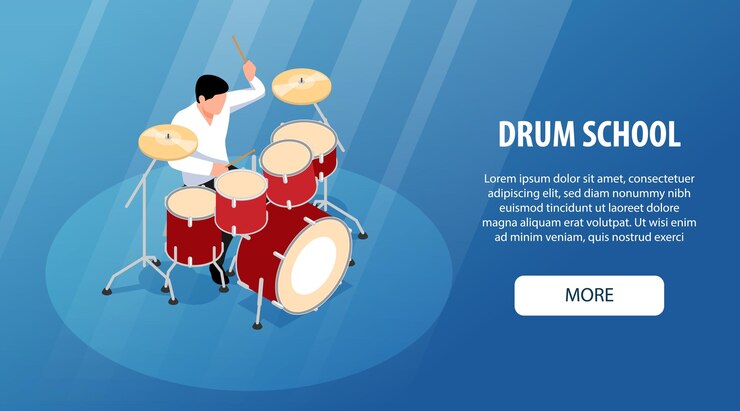 Vetor grátis banner horizontal de músicos isométricos com artista tocando bateria ilustração vetorial