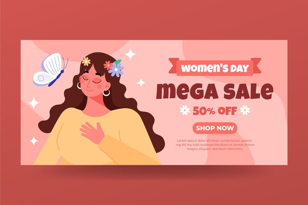 Banner horizontal de venda de dia internacional da mulher plana