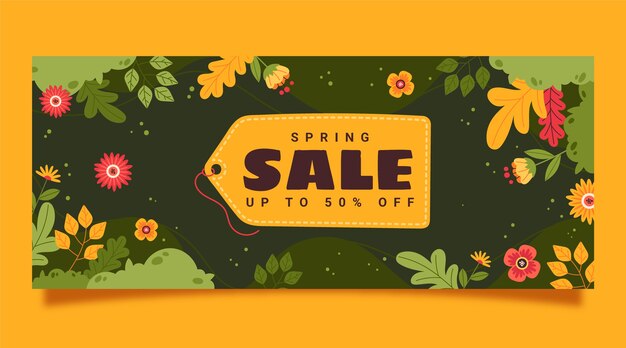 Banner horizontal de venda de primavera desenhado à mão