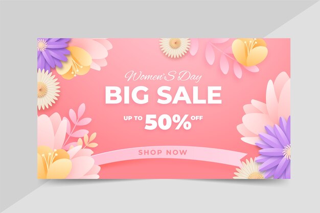 Banner horizontal de venda do dia internacional da mulher estilo papel