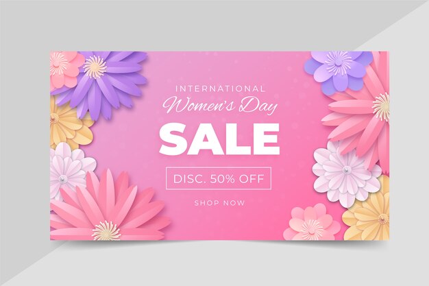 Banner horizontal de venda do dia internacional da mulher estilo papel