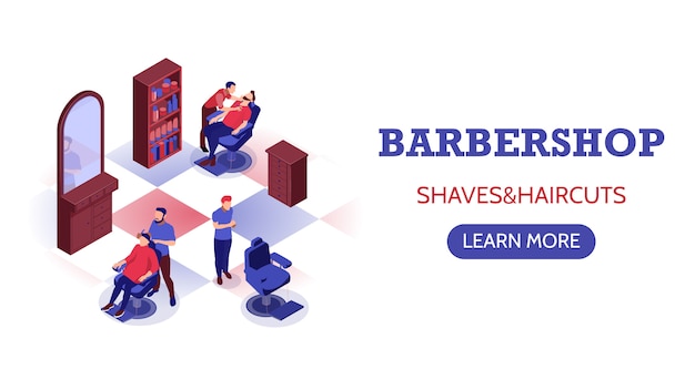 Banner horizontal isométrica com estilistas fazendo corte de cabelo e barba na barbearia