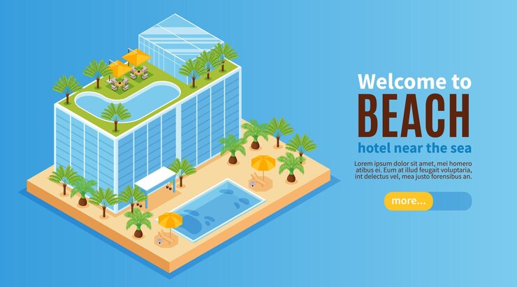 Vetor grátis banner horizontal isométrico do parque aquático de hotel com edifício com piscinas