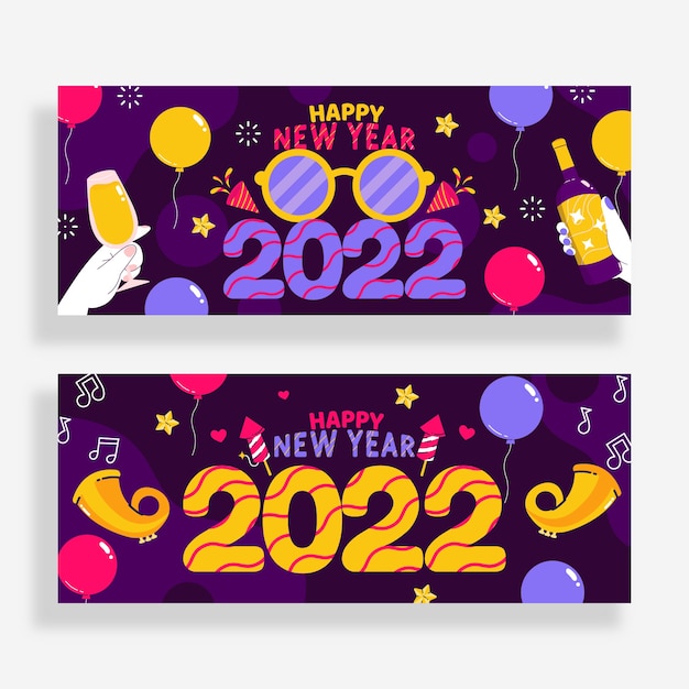 Banner horizontal plano desenhado à mão feliz ano novo 2022