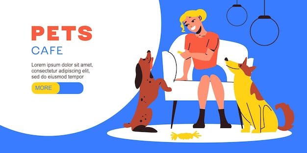 Vetor grátis banner horizontal plano para café de animais de estimação com mulher feliz alimentando ilustração vetorial de cachorros fofos