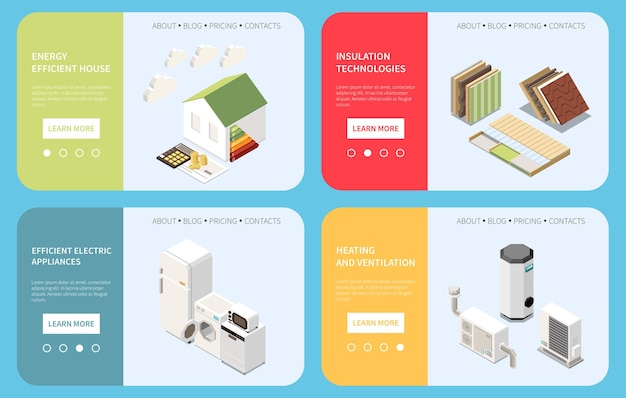 Vetor grátis banner isométrico de casa com eficiência energética definido com aparelhos elétricos e tecnologias sustentáveis ilustração vetorial isolada