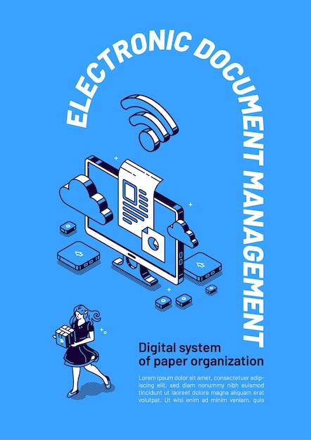 Banner isométrico de gerenciamento de documentos eletrônicos