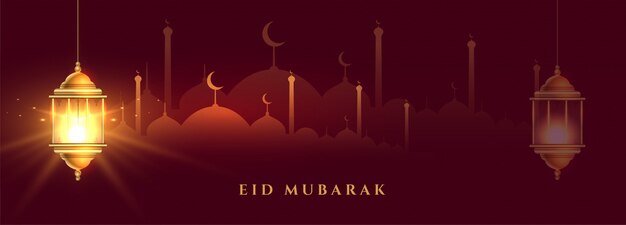 Banner lindo eid mubarak com lanterna islâmica brilhante