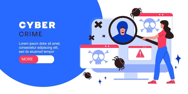 Banner plano de crime cibernético com sites de hackers e ilustração vetorial de vírus de computador