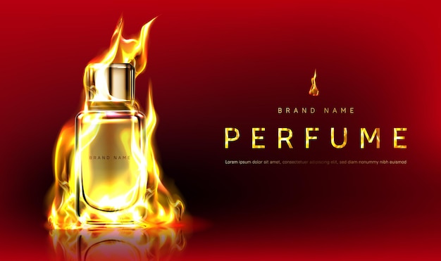 Banner promocional com frasco de perfume em chamas de fogo