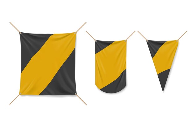 Vetor grátis banner quadrado de vinil e galhardetes pendurados com cordas maquete realista de vetor de 3d amarelo e preto cartazes de lona flâmulas têxteis isoladas no fundo branco