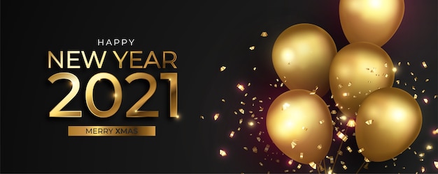 Banner realista de ano novo com balões dourados e confetes