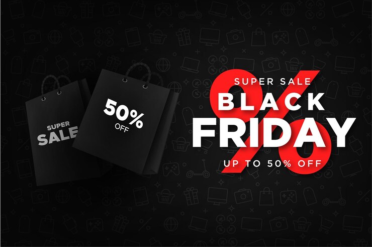 Vetor grátis banner super venda de sexta-feira negra com fundo de sacola de compras