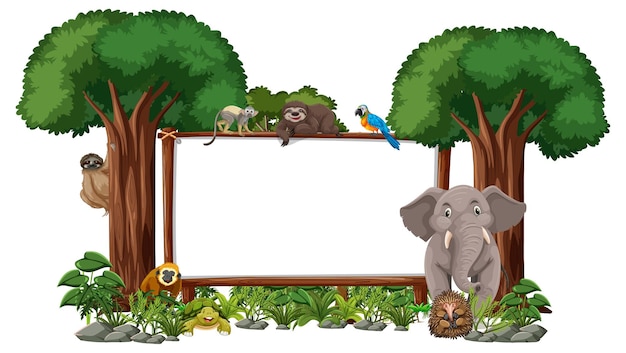 Vetor grátis banner vazio com animais selvagens e árvores da floresta tropical em fundo branco