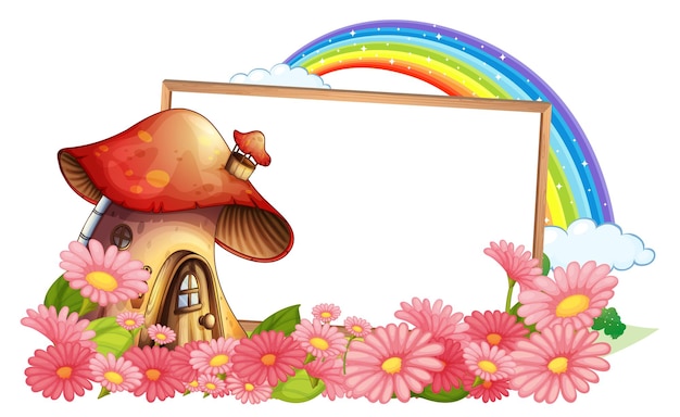 Banner vazio com casa de cogumelo de fantasia e muitas flores