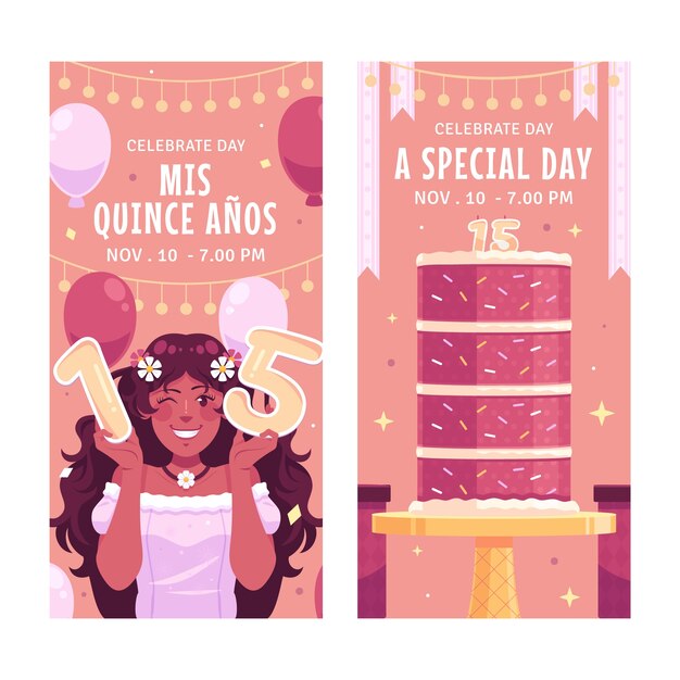 Vetor grátis banner vertical de celebração de quinceanera desenhado à mão