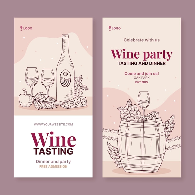 Banner vertical de degustação de vinhos desenhado à mão