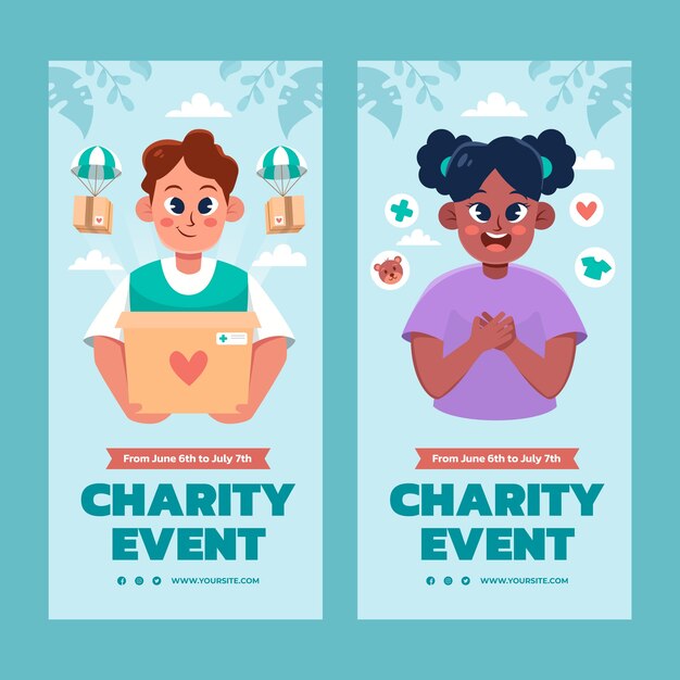 Banner vertical de evento de caridade desenhado à mão