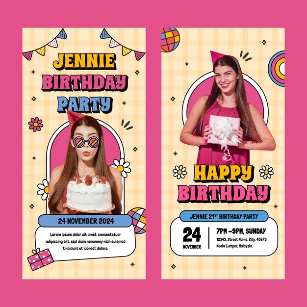 Banner vertical de festa de aniversário desenhado à mão