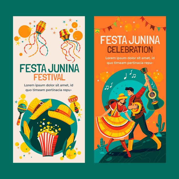 Banner vertical de festas juninas desenhado à mão