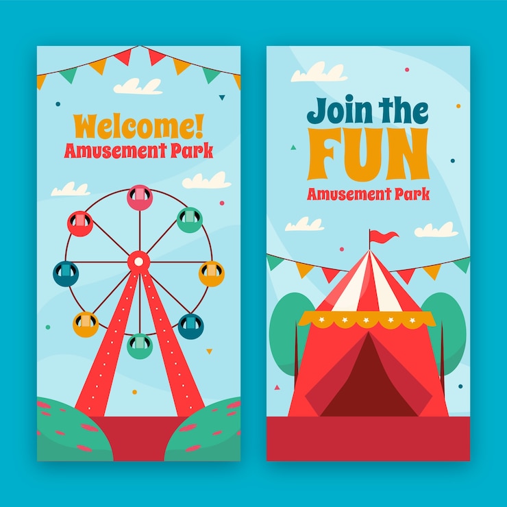 Vetor grátis banner vertical de parque de diversões desenhado à mão