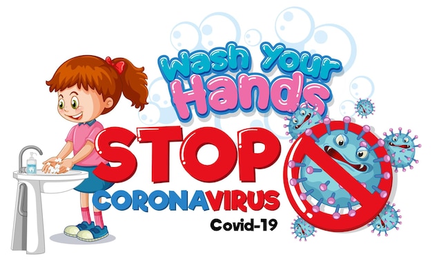 Vetor grátis banner wash your hands stop coronavirus com uma garota lavando as mãos em um fundo branco