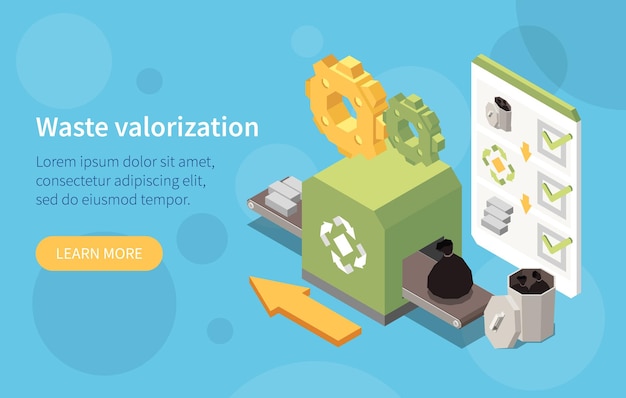 Vetor grátis banner web isométrico de fabricação sustentável demonstrando informações sobre ilustração vetorial de valorização de resíduos