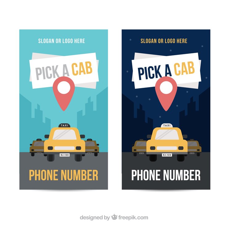 Vetor grátis banners agradáveis ​​de táxi com o mapa pin