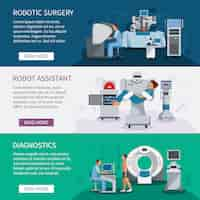 Vetor grátis banners biônicos conjunto de ferramentas de cirurgia robótica e equipamentos de diagnóstico médico inovador vec plana