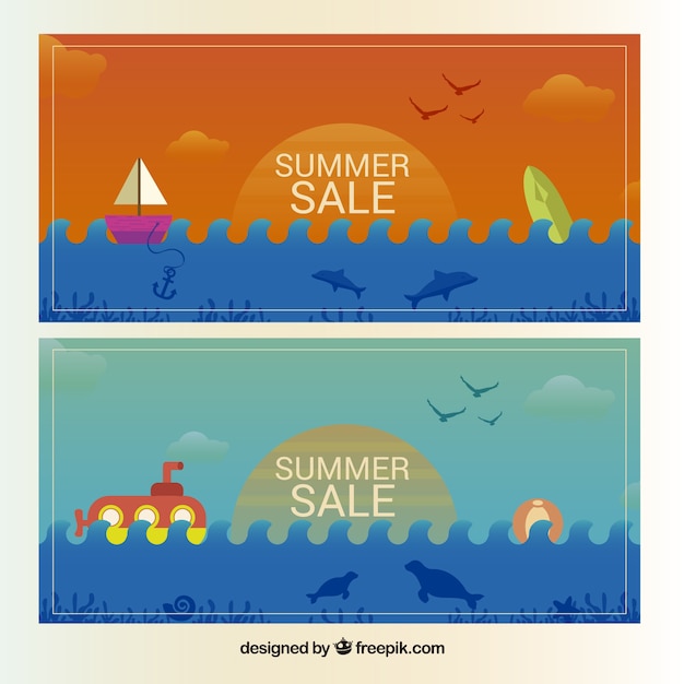 Banners bonitas de descontos de verão em estilo plano