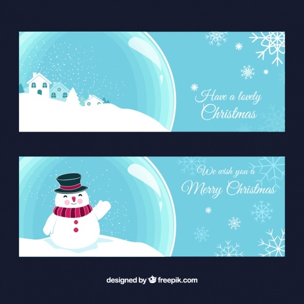 Vetor grátis banners bonito do natal com boneco de neve e flocos de neve