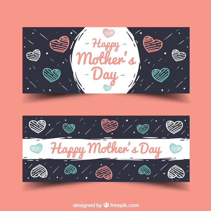 Vetor grátis banners com corações desenhados mão do dia das mães