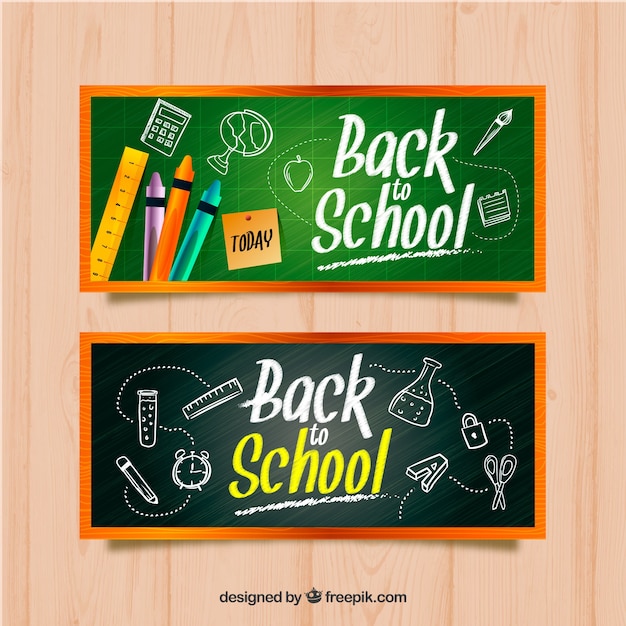 Banners com quadro-negro e acessórios escolares