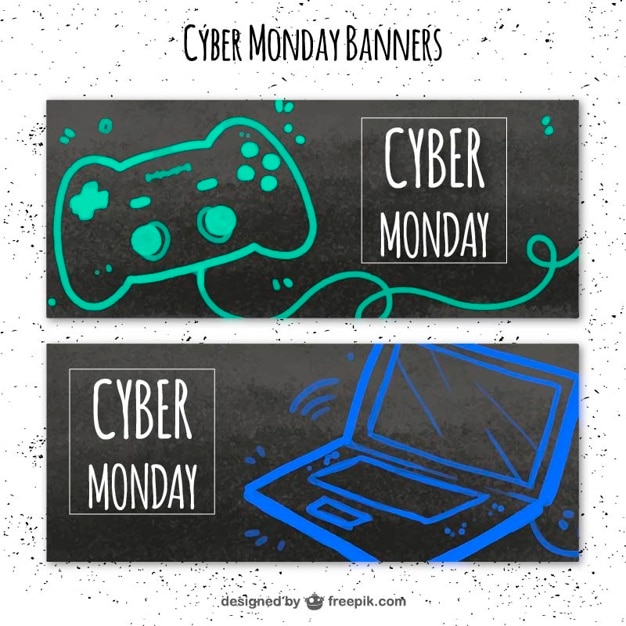 Vetor grátis banners cyber ​​segunda-feira com um laptop e um controlador de vídeo-game