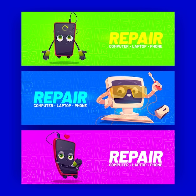 Vetor grátis banners de anúncios de desenhos animados de serviço de reparo de gadgets personagens de computador e smartphone desktop de pc bonito em óculos de proteção e chave de fenda na mão mascotes vetoriais consertando reparo de dispositivos eletrônicos quebrados