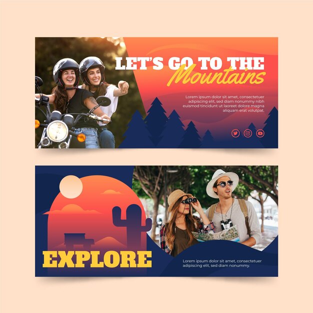 Banners de aventura horizontais em gradiente com foto