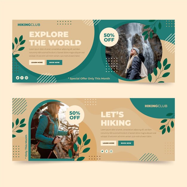 Banners de aventura planos horizontais com foto