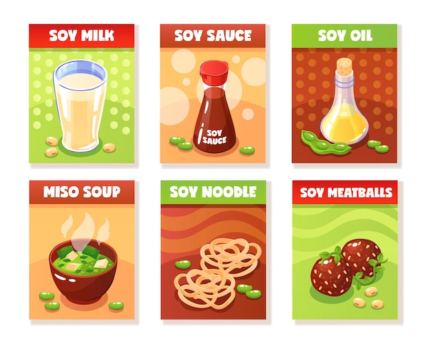 Banners de comida de soja apresentando almôndegas de molho de leite almôndegas de óleo produtos de sopa de missô