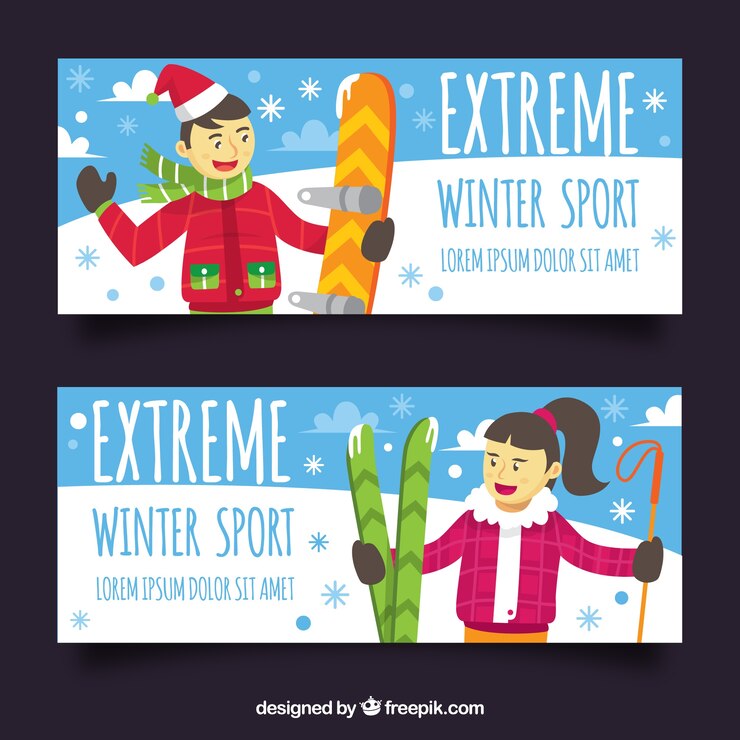 Vetor grátis banners de conceito de esportes de inverno com homem e mulher