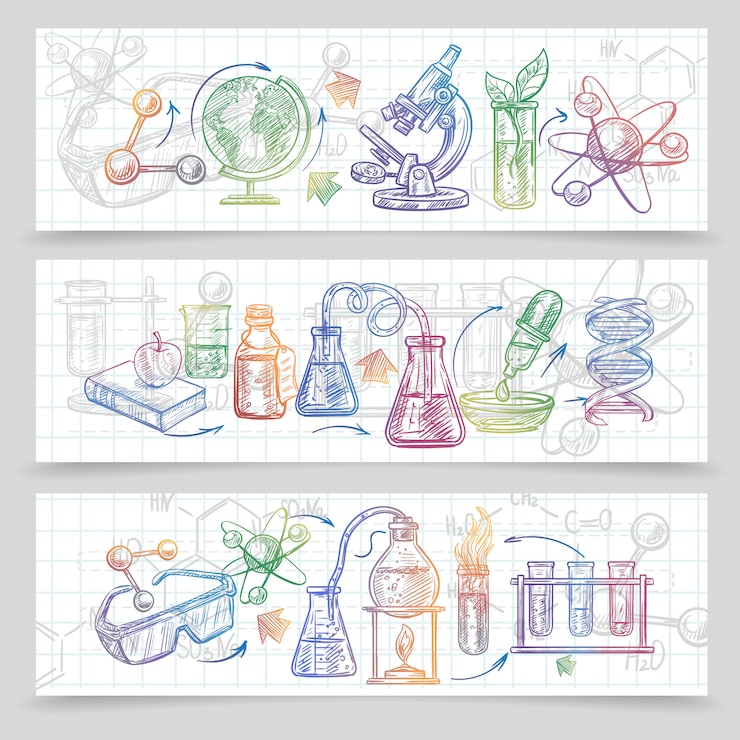 Vetor grátis banners de desenho horizontal de química conjunto com microscópio e óculos