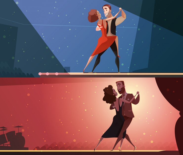Vetor grátis banners de desenhos animados de estúdio de dança retrô 2 conjunto com tango e salsa realizando pares
