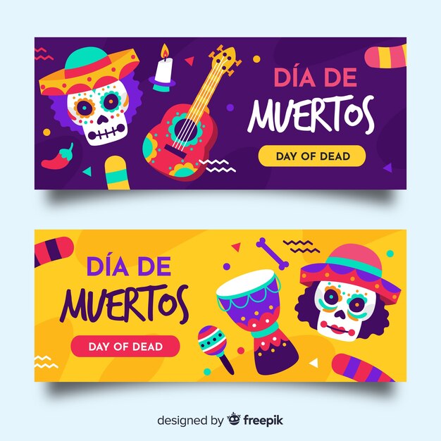 Banners de design plano dia de muertos