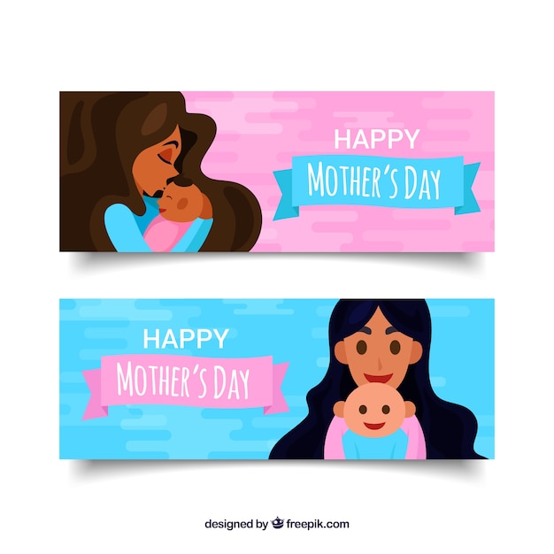 Vetor grátis banners de dia das mães com família feliz na mão desenhada estilo